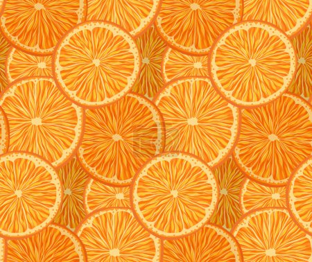 Illustration for Vector seamless pattern with orange slices. Dense texture with juicy fruit. Summer background with delicious fruits for fabrics and wrapping paper - Royalty Free Image