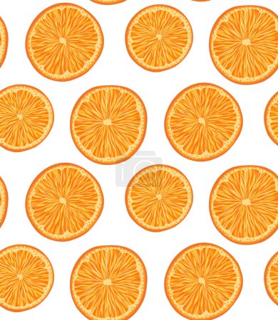 Illustration for Vector seamless pattern with orange slices on white background. Texture with circle juicy fruits in row. Summer background with delicious fruits for fabrics and wrapping paper - Royalty Free Image