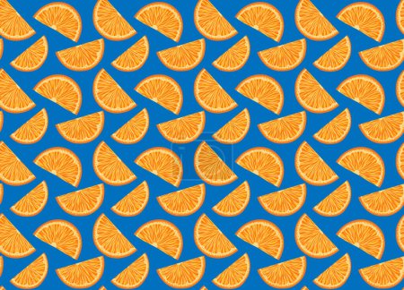 Illustration for Vector seamless pattern with small orange slices on blue background. Texture with cartoon juicy fruit. Summer background with delicious citrus for fabrics and wrapping paper - Royalty Free Image