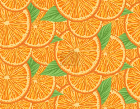 Illustration for Vector seamless pattern with orange slices and leaves. Dense texture with juicy fruit and foliage. Summer background with delicious fruits for fabrics and wrapping paper - Royalty Free Image