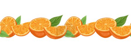 Ilustración de Borde sin costura vectorial con rodajas y hojas de naranja. Friso horizontal con fruta jugosa y follaje. bordure de verano con deliciosos cítricos para el marco y el cepillo - Imagen libre de derechos