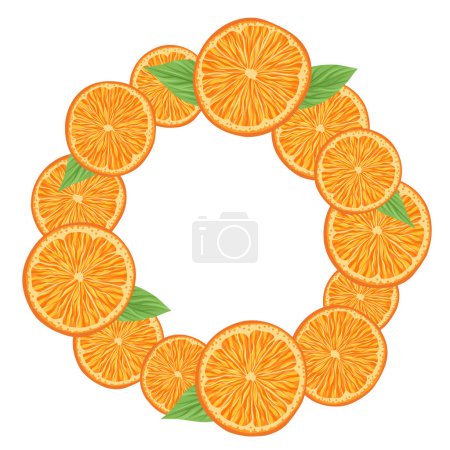 Illustration for Vector circle border with orange slices, leaves and copy space. Round frame with juicy fruit, foliage and place for text. Summer bordure with delicious citrus fruits for invitation and cards - Royalty Free Image