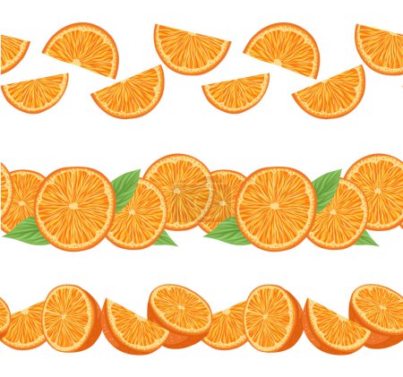 Ilustración de Conjunto vectorial de bordes sin costura con rodajas y hojas de naranja. Recolección de frisos horizontales con jugosas frutas y follaje. Bordures de verano con deliciosos cítricos para marco y pincel - Imagen libre de derechos