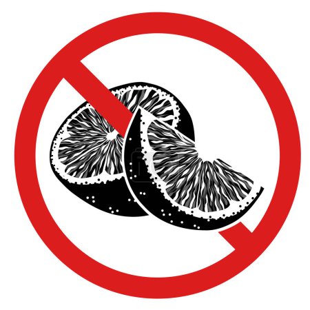 Illustration for Vector forbidden sign with monochrome orange fruits for stickers and badges. Do not eat citrus. Allergy danger. Picking fruit is prohibited. - Royalty Free Image