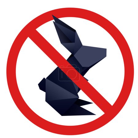 Illustration for Vector forbidden sign with polygonal black rabbit. Forbidden badge with origami hare. Paper folded animal. Ban on New Year s Eve. Element for greeting cards, banners and your design. - Royalty Free Image