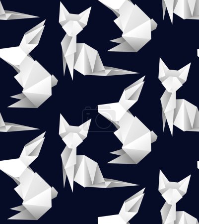Téléchargez les illustrations : Motif sans couture avec lapins et chats blancs origami sur fond sombre. Texture vectorielle avec lièvres et chatons polygonaux. Symbole du Nouvel An chinois. Papier animal plié. Fond d'écran pour papier peint - en licence libre de droit