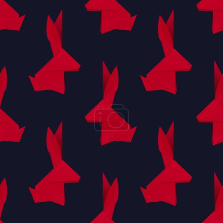 Téléchargez les illustrations : Motif vectoriel sans couture avec lapins rouges origami sur fond sombre. Texture avec lièvres polygonaux. Symbole du Nouvel An chinois. Papier animal plié. Fond d'écran pour papier peint et tissu - en licence libre de droit
