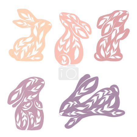 Ilustración de Conjunto vectorial de conejos decorados en varias poses. Liebres de arte popular en colores pastel aislados del fondo. Animales ornamentales para logotipos, iconos y tarjetas - Imagen libre de derechos