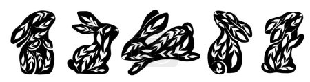 Ilustración de Conjunto vectorial de conejos monocromáticos decorados en varias poses. Liebres negras con arte folclórico aisladas de fondo. Animales ornamentales para logotipos, iconos y tarjetas - Imagen libre de derechos