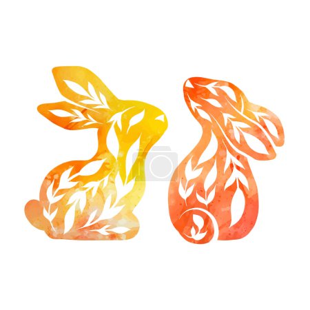 Illustration for Vector set of decorated rabbits in various poses with yellow watercolor background. Hares with folk art and paint stains isolated from background. Ornamental animals for logos, icons and cards - Royalty Free Image