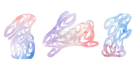 Ilustración de Conjunto vectorial de conejos decorados en varias poses con fondo de acuarela violeta. Colección de liebres con hojas y manchas de pintura aisladas del fondo. Conejitos ornamentales para logotipos, iconos - Imagen libre de derechos