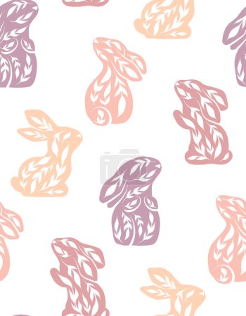 Téléchargez les illustrations : Motif vectoriel sans couture avec des lapins décorés dans diverses poses. Texture avec des lièvres d'art populaire aux couleurs pastel sur fond blanc. Fond d'écran avec des animaux ornementaux pour le tissu et le papier peint - en licence libre de droit