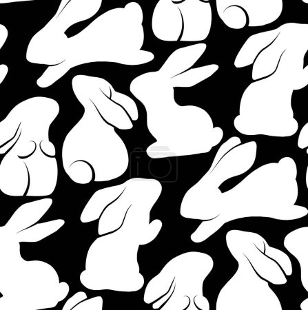 Téléchargez les illustrations : Modèle monochrome vectoriel sans couture avec des lapins dans diverses poses. Texture avec des lièvres blancs serrés sur fond noir. Fond d'écran enfantin avec des animaux pour le tissu et le papier peint - en licence libre de droit