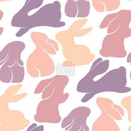Téléchargez les illustrations : Modèle vectoriel sans couture avec des lapins dans diverses poses. Texture avec des lièvres serrés aux couleurs pastel sur fond blanc. Fond d'écran enfantin avec des animaux pour le tissu et le papier peint - en licence libre de droit