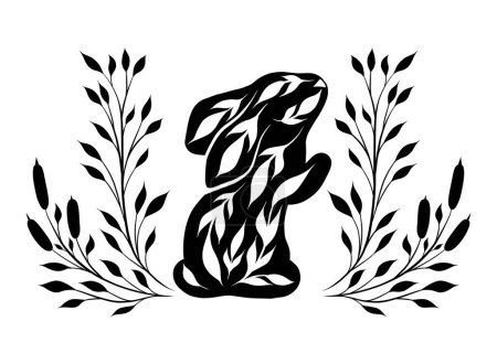 Ilustración de Tarjeta con silueta negra conejo decorado en tallos corona. Vector conejito con follajes. Clipart de arte folclórico horizontal con liebre ornamental para pancarta, tarjeta de felicitación, sublimación y logotipo - Imagen libre de derechos