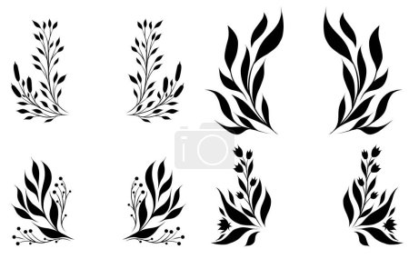 Illustration for Vector set of monochrome wreaths with twigs and stems with foliages isolated from background. Collection of black silhouette natural frames for logos, invitations and cards. - Royalty Free Image