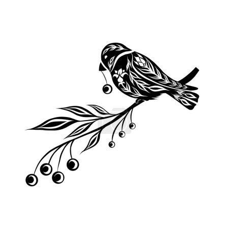Illustration for Vector black decorative illustration birds and rowan berries on branches isolated from background. Monochrome tracery clipart with bullfinches on the branch. Folk art image for cards and stickers - Royalty Free Image