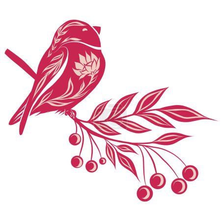 Illustration for Vectir decorative illustration with birds and rowan berries on branches in magenta color. Tracery clip art with bullfinches on the branch. Folk art image for cards, bannrs and stickers - Royalty Free Image