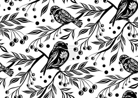 Illustration for Vector seamless decorative pattern with birds and rowan berries on branches. Black tracery texture with bullfinches in the bushes on white background. Folk art backdrop for wallpapers and fabrics - Royalty Free Image