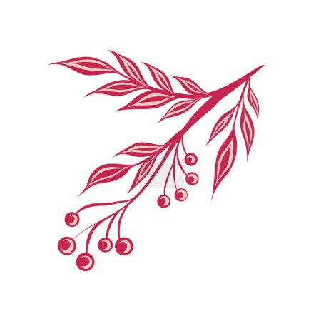 Téléchargez les illustrations : Illustration vectorielle d'une branche de rowan décorative. Une brindille aux baies, feuillage et ornement dans une couleur magenta tendance. Clipart nature - en licence libre de droit