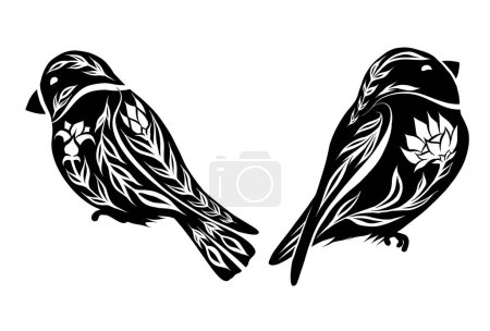 Illustration for Vector set of monochrome decorative illustration birds. Collection black tracery clip art with bullfinches. Folk art silhouette image for cards, banners and stickers - Royalty Free Image
