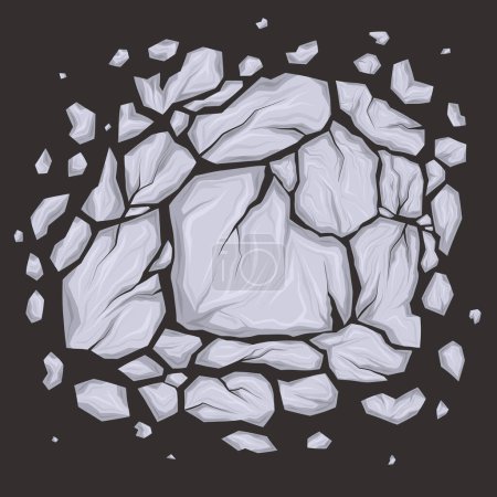 Illustration for Vector illustration of broken marble stones. Cartoon clipart smashed white rocks and gravel with cracks on dark background. Earthquake and natural disaster. - Royalty Free Image