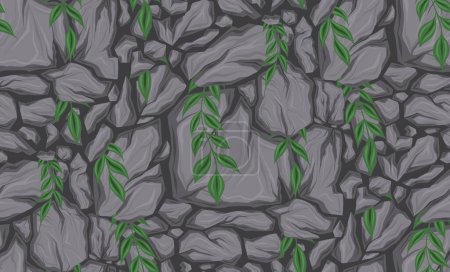 Illustration for Vector seamless pattern with broken stones and stems with leaves. Earthquake and apocalypse danger. Texture with cartoon smashed rocks with cracks on dark background for wallpaper. Natural disaster. - Royalty Free Image