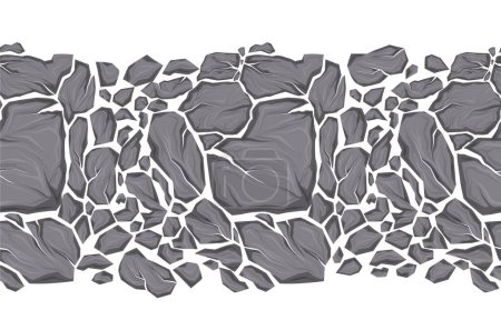 Illustration for Horizontal vector seamless border with broken stones isolated from background. Earthquake and destruction. Texture frame with silhouette of smashed rocks with cracks. Natural disaster. - Royalty Free Image