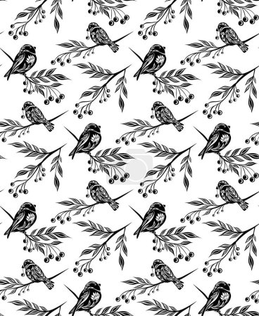 Illustration for Monochrome seamless decorative pattern with birds and rowan berries on branches on white backdrop. Vector black tracery texture with bullfinches on stems. Folk art background for wallpaper and fabric - Royalty Free Image