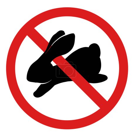 Illustration for Vector icon with a black silhouette of a hare in a prohibition sign.Forbidden to hunt animals. Cosmetics without testing on animals. Food without meat. Rabbit in ban - Royalty Free Image