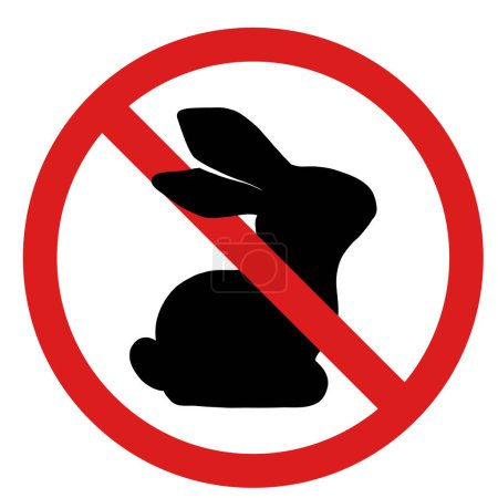 Illustration for Vector icon with a black silhouette of a hare in a prohibition sign. Cosmetics without testing on animals. Forbidden to hunt animals. Food without meat. Rabbit in ban. Clip art for sticker and badge - Royalty Free Image