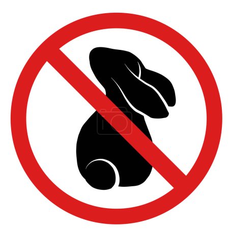 Illustration for Vector icon with a black silhouette of a rabbit in a prohibition sign. Cosmetics without testing on animals. Forbidden to hunt animals. Food without meat. Breed hares in ban. Clip art for badge - Royalty Free Image