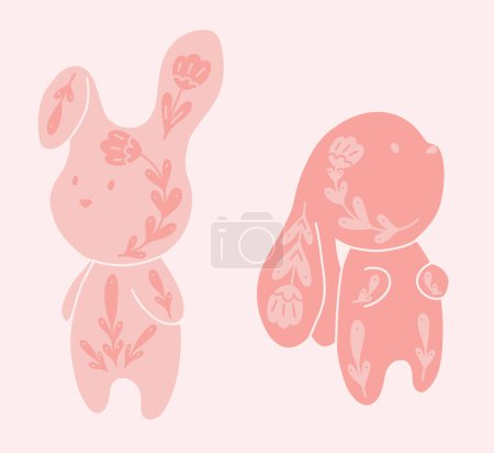 Ilustración de Conjunto vectorial de lindos conejos decorados. Colección con liebres de dibujos animados de color rosa con patrón floral. Animales para vivero, postales y sublimación - Imagen libre de derechos