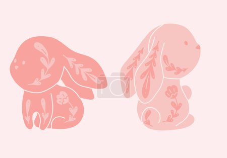 Ilustración de Conjunto vectorial de lindos conejos decorados. Colección con liebres de dibujos animados de color rosa con patrón floral. Conejitos de arte popular. Clip arts animales para vivero, postales y sublimación - Imagen libre de derechos