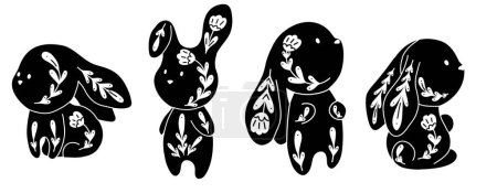 Ilustración de Conjunto vectorial de conejos monocromáticos lindos decorados. Colección con clip arts silueta negra de liebres con patrón floral. Conejito de arte popular para logo, postales y sublimación - Imagen libre de derechos