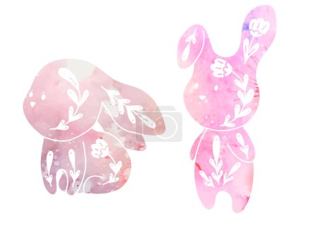 Ilustración de Conjunto vectorial de lindos conejos acuarela decorada. Colección con liebres de dibujos animados de color rosa con patrón floral y salpicaduras de tinte. Conejitos de arte popular. Clip arts animales para vivero, postales y sublimación - Imagen libre de derechos