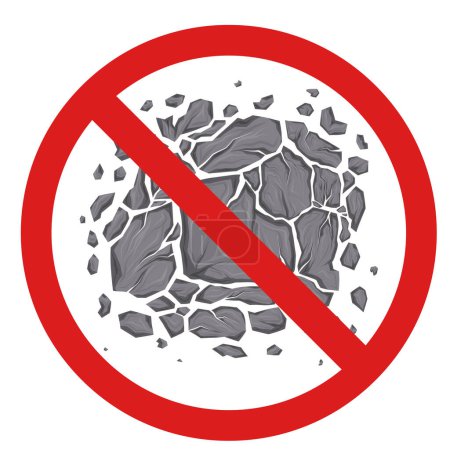 Illustration for Vector illustration of broken stones in forbidden sign. Earthquake free zone. Cartoon clipart smashed rocks with cracks in prohibited badge. Safety of natural disaster. - Royalty Free Image