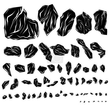 Illustration for Vector set of monochrome various of broken stones. Black silhouette clipart collection of smashed rocks with cracks isolated from background. Hand drawn gravel and blocks for logos and icons - Royalty Free Image
