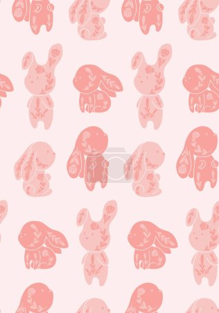 Illustration for Vector gentle seamless pattern with pink decorated bunnies in row. Nursery texture with folk art rabbits. Childish backdrop with ornamental tracery hares for nursery fabric and wallpaper - Royalty Free Image