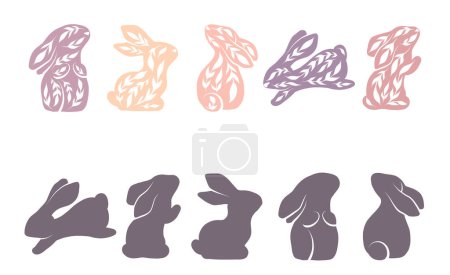Illustration for Childrens educational fun. Find right black silhouette for delicate tracery rabbits. Vector template for Easter preschool games. Find the correct shadow for bunnies. Drawing of ornamental hares - Royalty Free Image