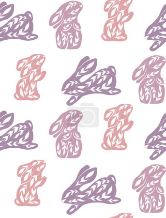 Illustration for Vector seamless pattern with decorated rabbits in white background. Nursery texture with folk art hares in pastel colors. Childish backdrop with ornamental bunnies in row for fabric and wallpaper - Royalty Free Image