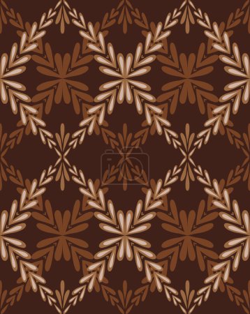Illustration for Seamless vector pattern with a rhombus of stems and foliage in earthy brown colors. Simple netting texture with branches with leaves on dark background for wallpaper and fabric. - Royalty Free Image
