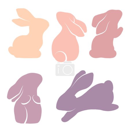 Ilustración de Conjunto vectorial de suaves siluetas de conejos en varias poses. Liebres en delicados colores aislados del fondo. Clip conejitos de artes para logos, iconos y tarjetas - Imagen libre de derechos