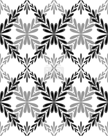 Illustration for Seamless monochrome vector pattern with a rhombus of stems and foliage. Simple netting texture with black silhouette branches with leaves on white background for wallpaper and fabric. - Royalty Free Image