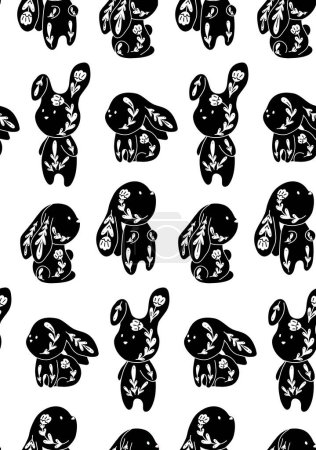 Téléchargez les illustrations : Motif vectoriel monochrome sans couture avec des lapins et des fleurs décorés. Texture de pépinière avec des lapins d'art populaire noir sur fond blanc. Fond d'écran enfant avec des animaux de compagnie ornementaux pour le tissu et le papier peint - en licence libre de droit