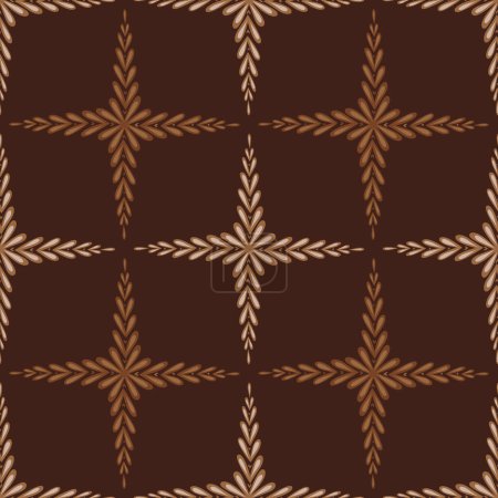 Illustration for Seamless vector pattern with a grid of stems and foliage in earthy brown tones. Texture with cells from the cross from branches with leaves. - Royalty Free Image