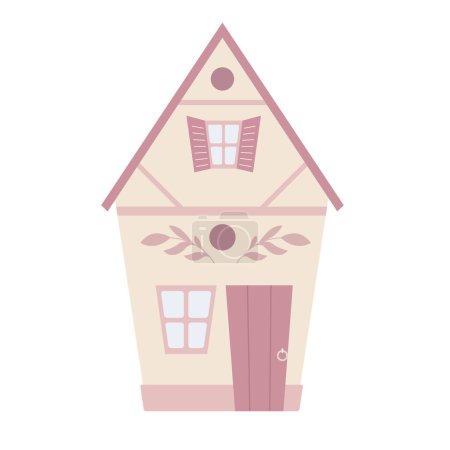 Illustration for Vector cartoon illustration of a cute country house in pastel color. Dollhouse. Rental and sale of housing. A picture of a two-story building with cute decorations front view - Royalty Free Image