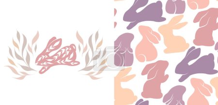 Illustration for Set of vector seamless Easter pattern and card with silhouette rabbits. Nursery texture and illustration with folk art bunnies in pastel colors. Holiday backdrop with hares. Ornamental wallpaper - Royalty Free Image