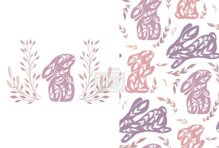 Illustration for Set of vector seamless Easter pattern and card with decorated rabbits and flowers. Nursery texture and illustration with folk art bunnies in pastel colors. Holiday backdrop with ornamental hares - Royalty Free Image