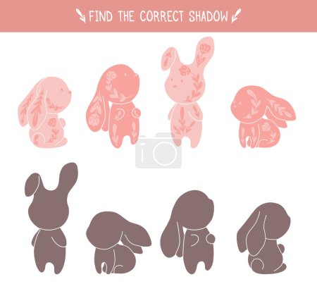 Illustration for Vector template for Easter preschool game. Childish educational fun. Find right black silhouette for cute rabbits. Worksheet with find the correct shadow for bunnies. Drawing of ornamental hares - Royalty Free Image